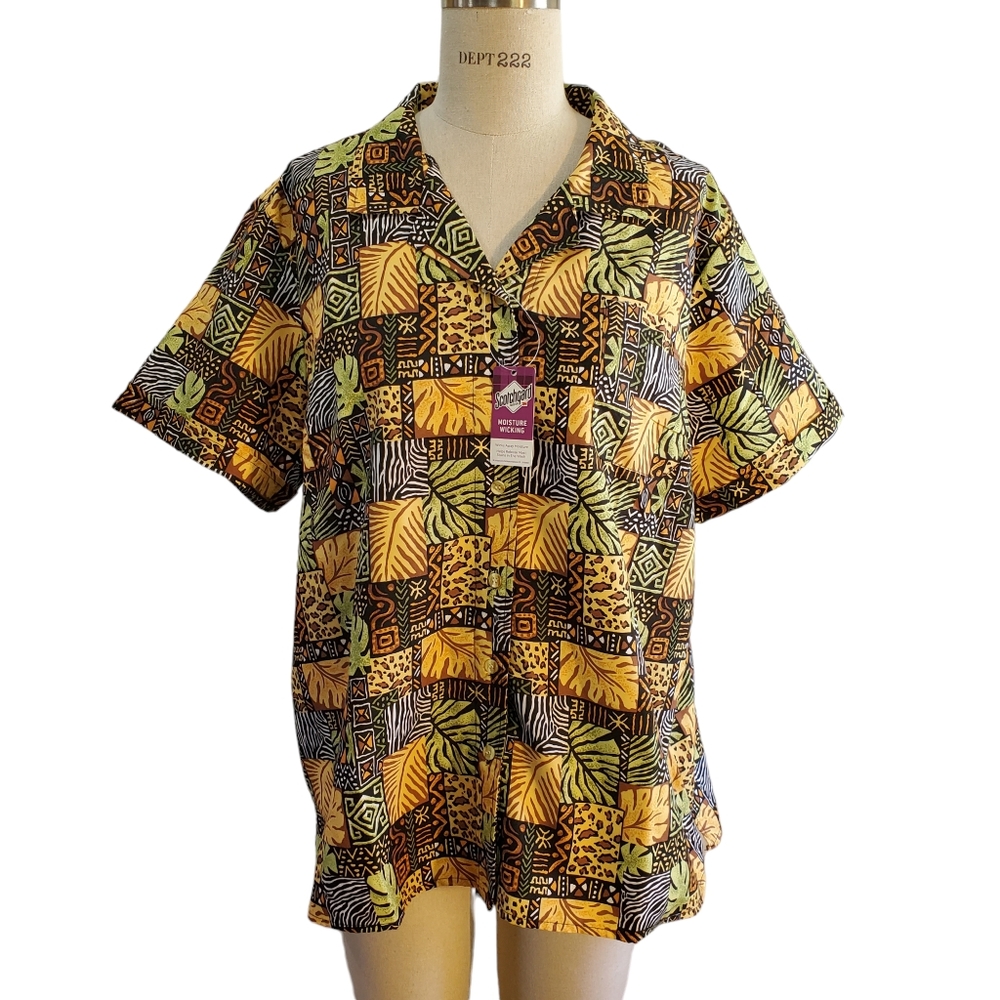 Busch Gardens‎ Moisture Wicking African Print Button Down Blouse Size XL